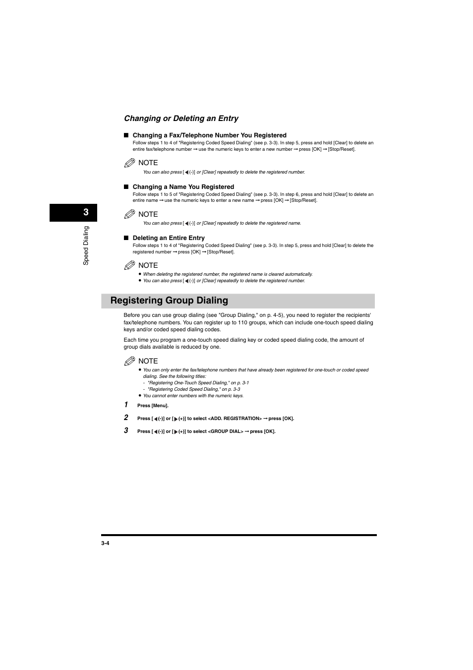 Changing or deleting an entry, Registering group dialing, Changing or deleting an entry -4 | Registering group dialing -4, See "registering group dialing," on p. 3-4.) | Canon MF5770 User Manual | Page 18 / 68