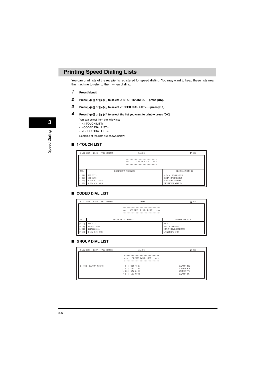 Printing speed dialing lists, Printing speed dialing lists -6, See "printing speed dialing lists," on p. 3-6.) | 3printing speed dialing lists, Speed dia ling, Touch list ■ coded dial list ■ group dial list | Canon MF5770 User Manual | Page 20 / 68