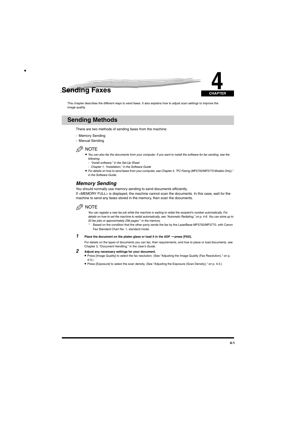 Sending faxes, Sending methods, Memory sending | Chapter 4, Sending methods -1, Memory sending -1 | Canon MF5770 User Manual | Page 21 / 68