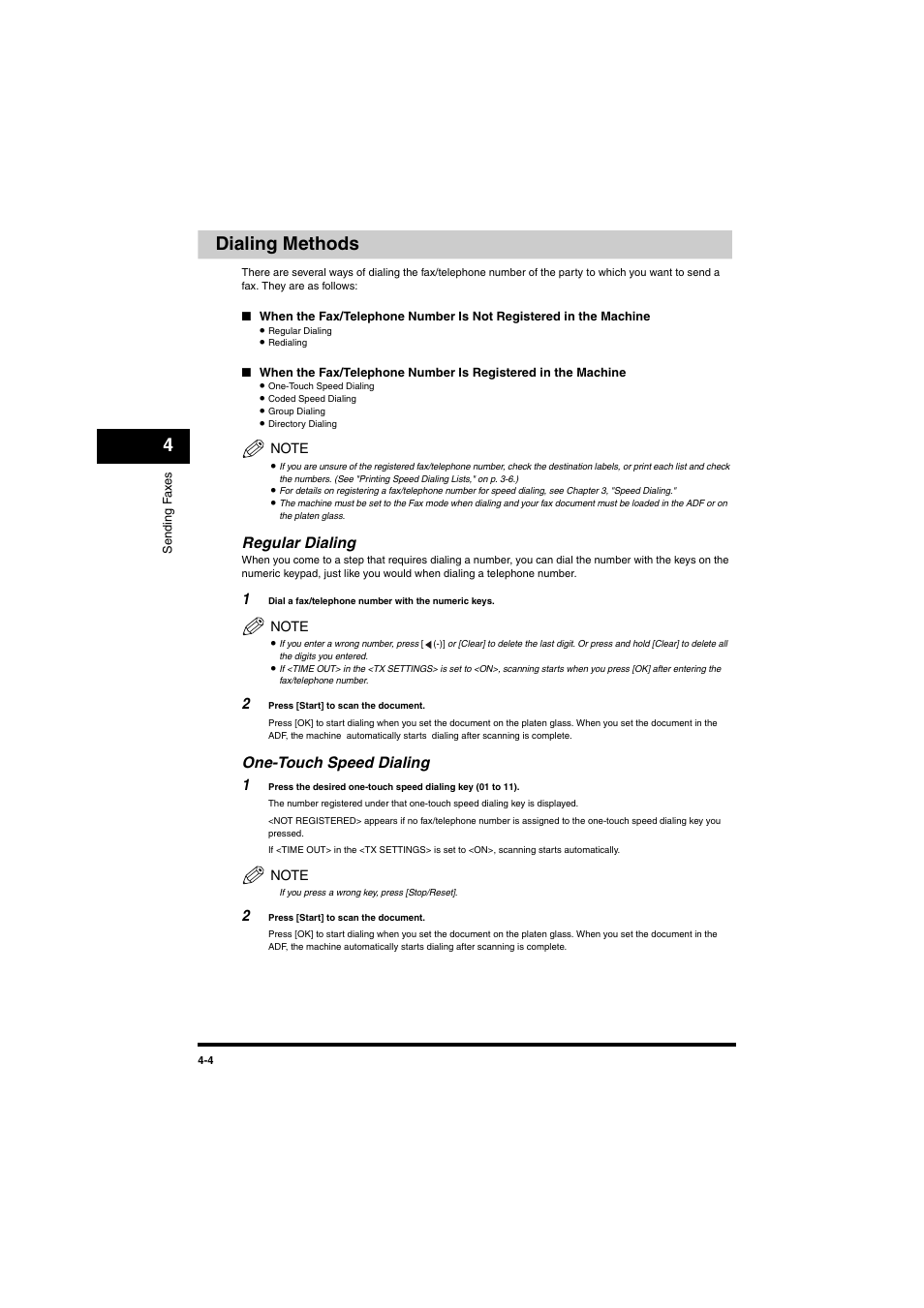 Dialing methods, Regular dialing, One-touch speed dialing | Dialing methods -4, Regular dialing -4 one-touch speed dialing -4, Ng (see "one-touch speed dialing," on p. 4-4), Dialing methods," on p. 4-4, 4dialing methods, One-touch speed dialing 1 | Canon MF5770 User Manual | Page 24 / 68