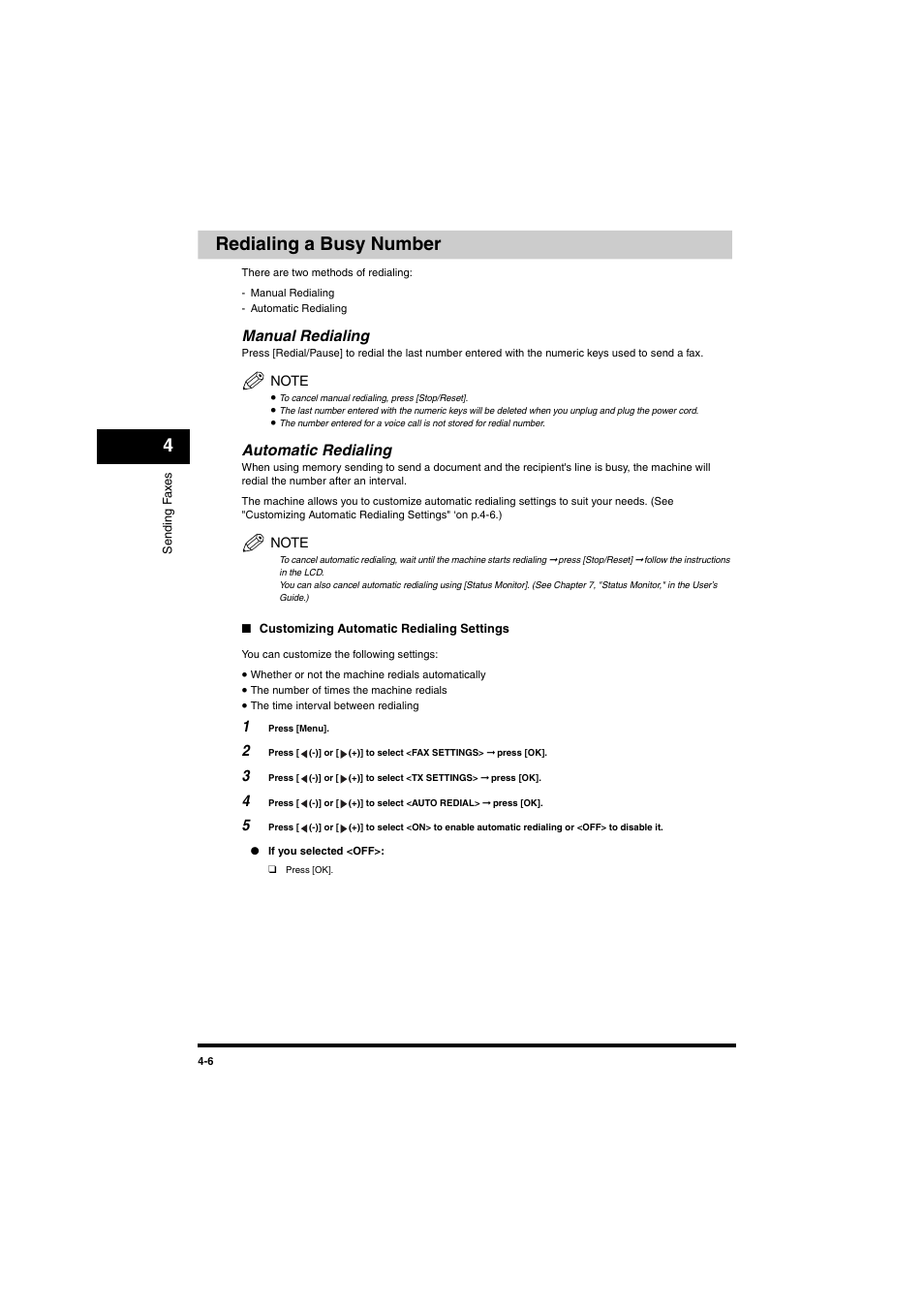 Redialing a busy number, Manual redialing, Automatic redialing | Redialing a busy number -6, Manual redialing -6 automatic redialing -6, 4redialing a busy number | Canon MF5770 User Manual | Page 26 / 68