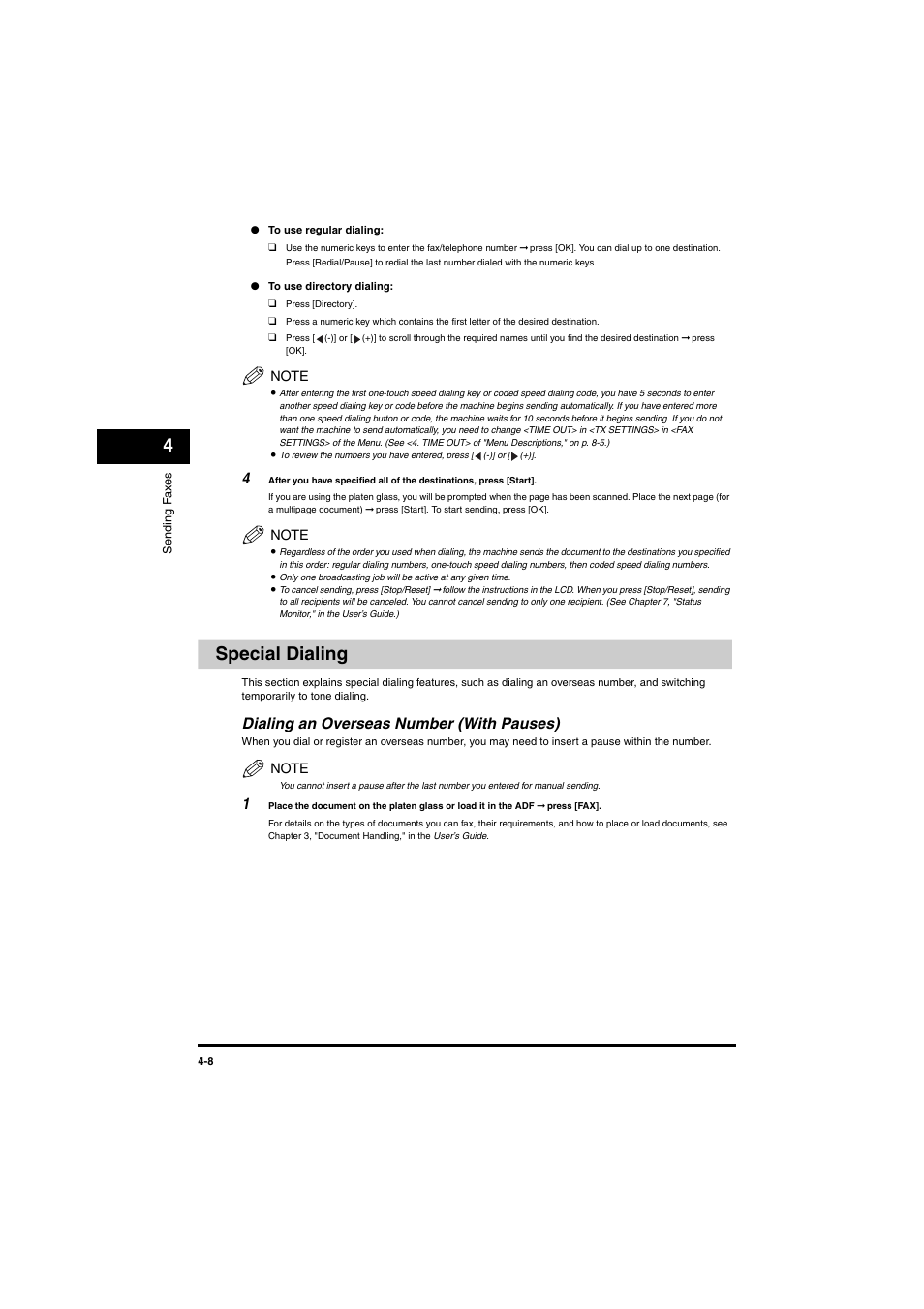 Special dialing, Dialing an overseas number (with pauses), Special dialing -8 | Dialing an overseas number (with pauses) -8 | Canon MF5770 User Manual | Page 28 / 68