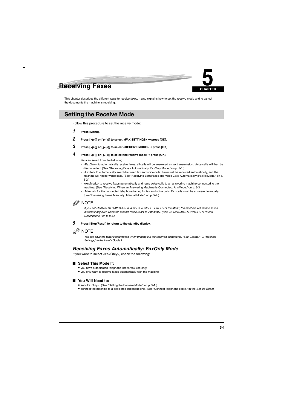 Receiving faxes, Setting the receive mode, Receiving faxes automatically: faxonly mode | Chapter 5, Setting the receive mode -1, Receiving faxes automatically: faxonly mode -1 | Canon MF5770 User Manual | Page 31 / 68