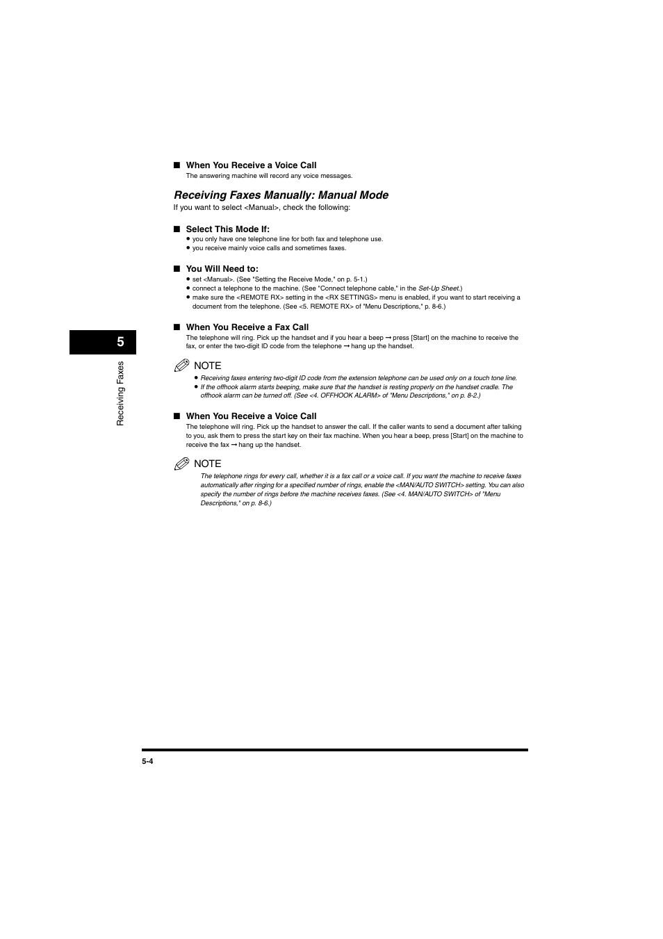 Receiving faxes manually: manual mode, Receiving faxes manually: manual mode -4 | Canon MF5770 User Manual | Page 34 / 68