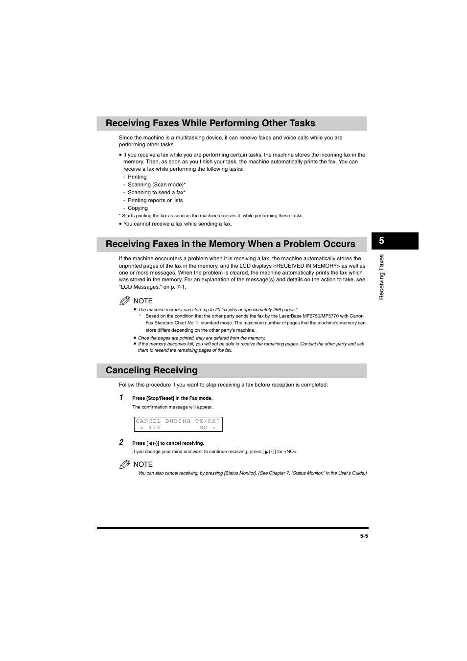 Receiving faxes while performing other tasks, Canceling receiving, 5receiving faxes while performing other tasks | Canon MF5770 User Manual | Page 35 / 68