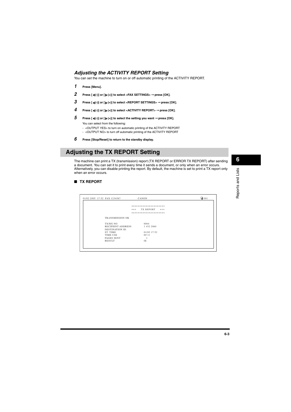 Adjusting the activity report setting, Adjusting the tx report setting, Adjusting the activity report setting -3 | Adjusting the tx report setting -3, P. 6-3 | Canon MF5770 User Manual | Page 38 / 68