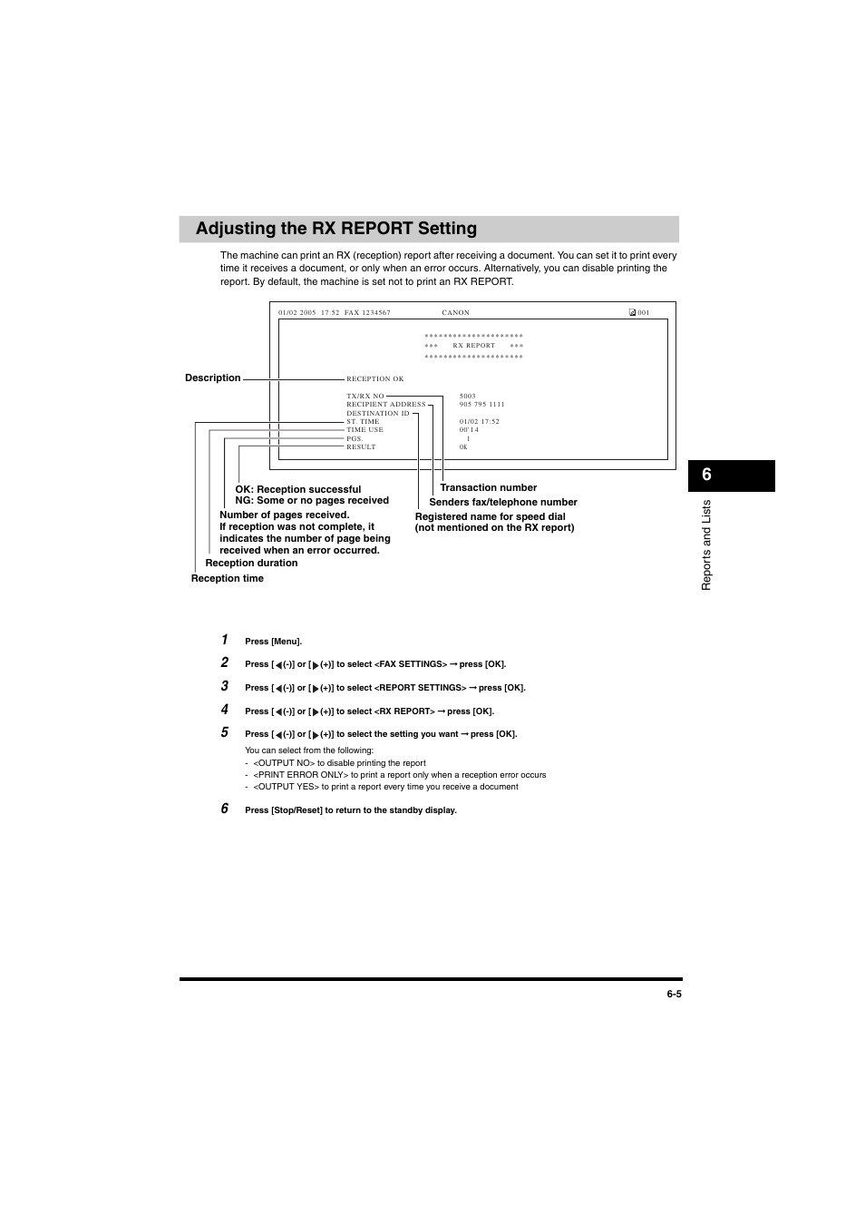 Adjusting the rx report setting, Adjusting the rx report setting -5, P. 6-5 | 6adjusting the rx report setting | Canon MF5770 User Manual | Page 40 / 68