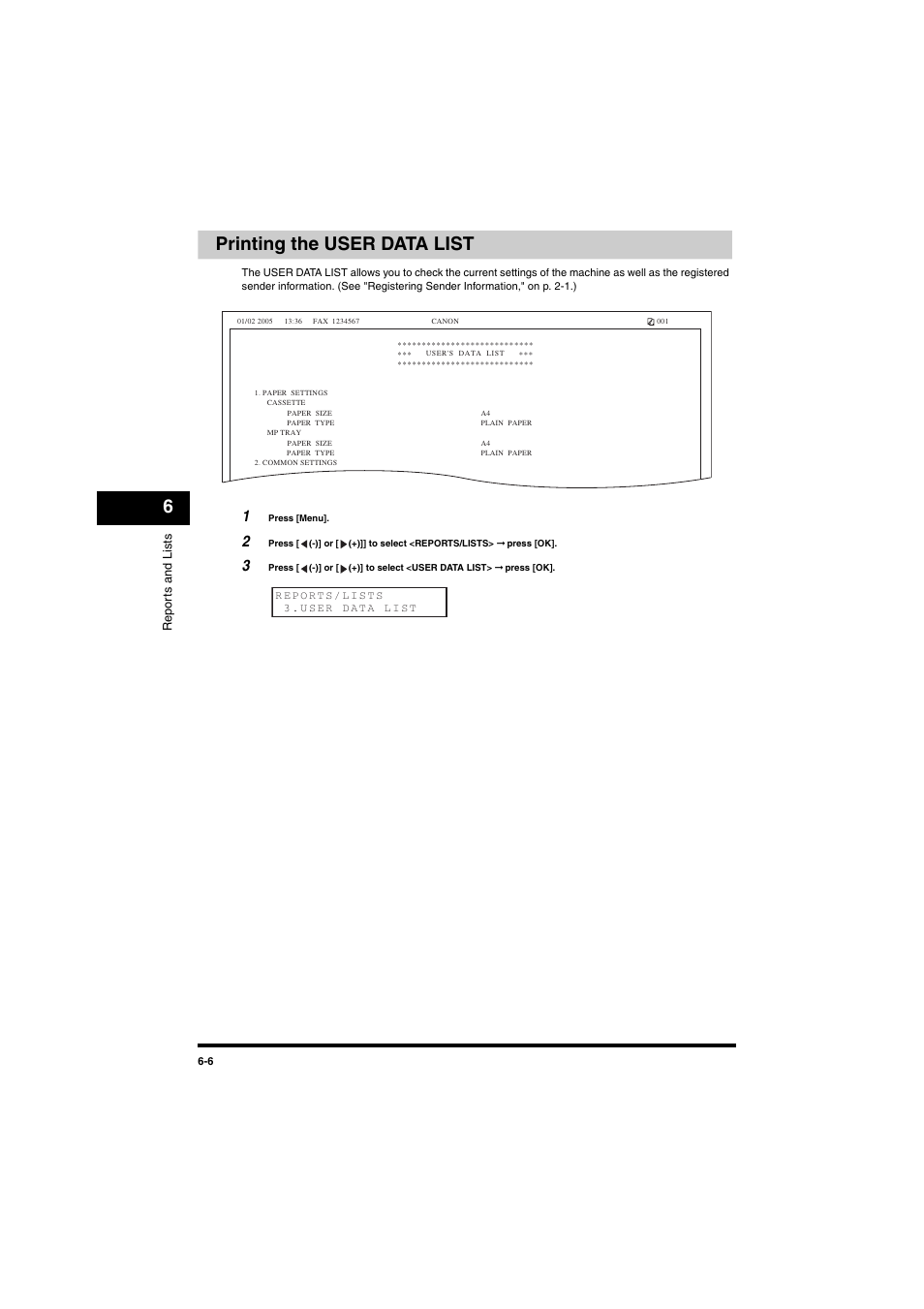 Printing the user data list, Printing the user data list -6, See "printing the user data list," on p. 6-6.) | P. 6-6, 6printing the user data list | Canon MF5770 User Manual | Page 41 / 68