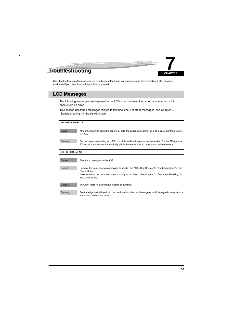 Troubleshooting, Lcd messages, Chapter 7 | Lcd messages -1 | Canon MF5770 User Manual | Page 42 / 68