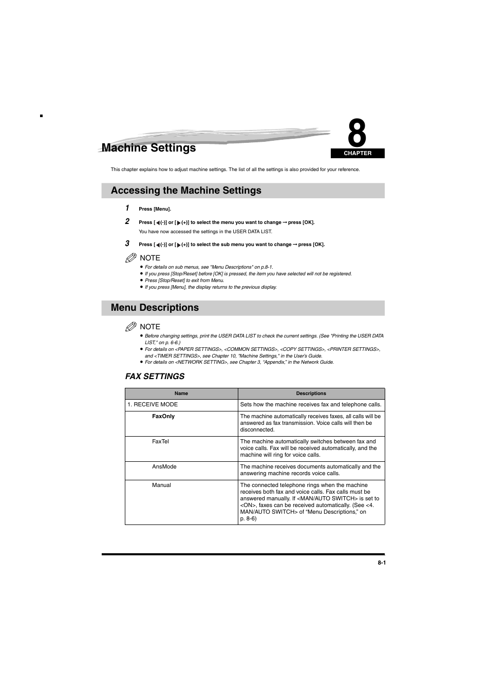 Machine settings, Accessing the machine settings, Menu descriptions | Fax settings, Chapter 8, Fax settings -1, Of "menu descriptions," on p, Menu descriptions," o, Menu descriptions," p, Menu descriptions," on p | Canon MF5770 User Manual | Page 54 / 68