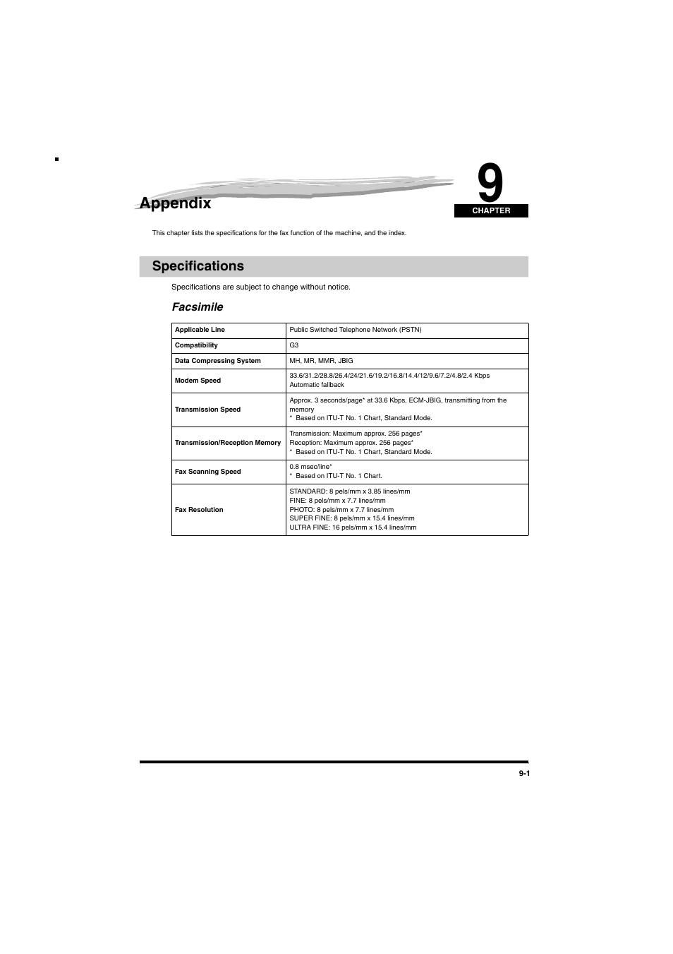 Appendix, Specifications, Facsimile | Chapter 9, Specifications -1, Facsimile -1 | Canon MF5770 User Manual | Page 62 / 68