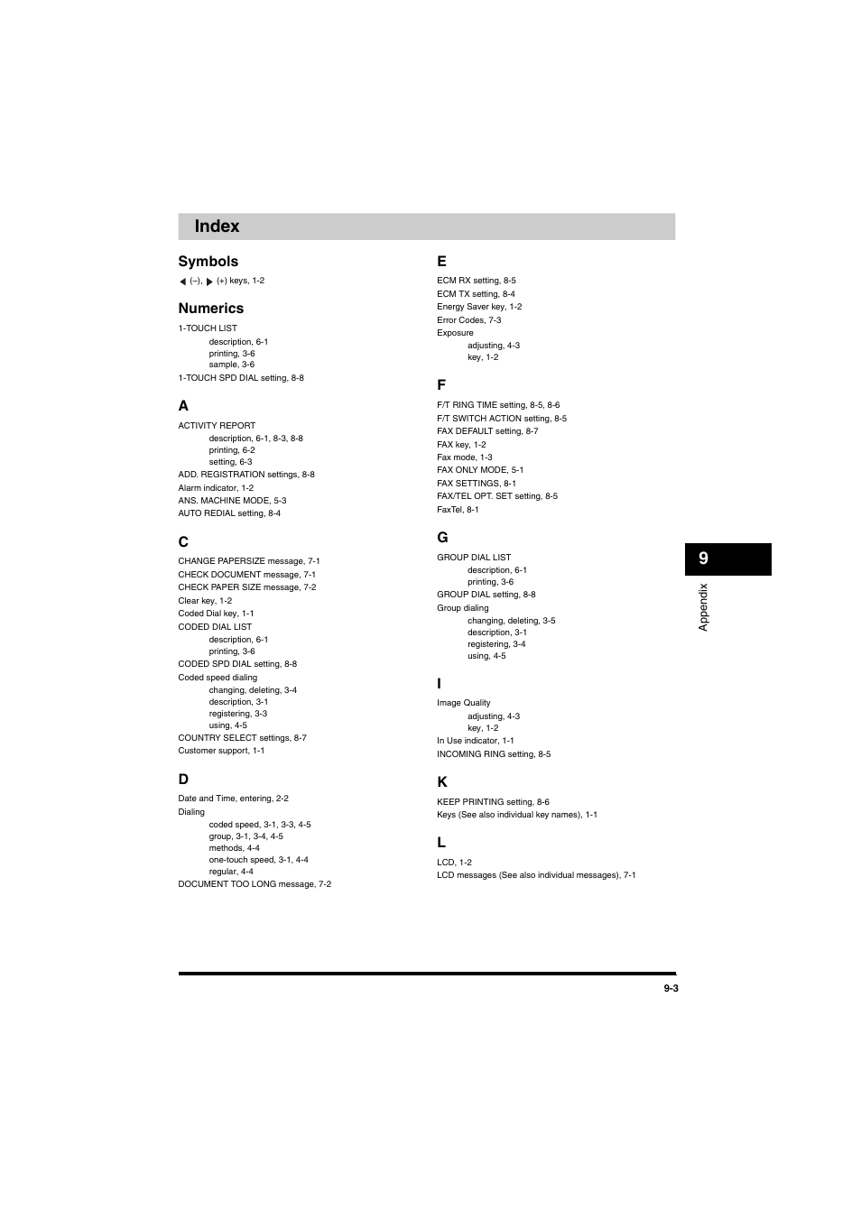 Index, Index -3, 9index | Symbols, Numerics | Canon MF5770 User Manual | Page 64 / 68