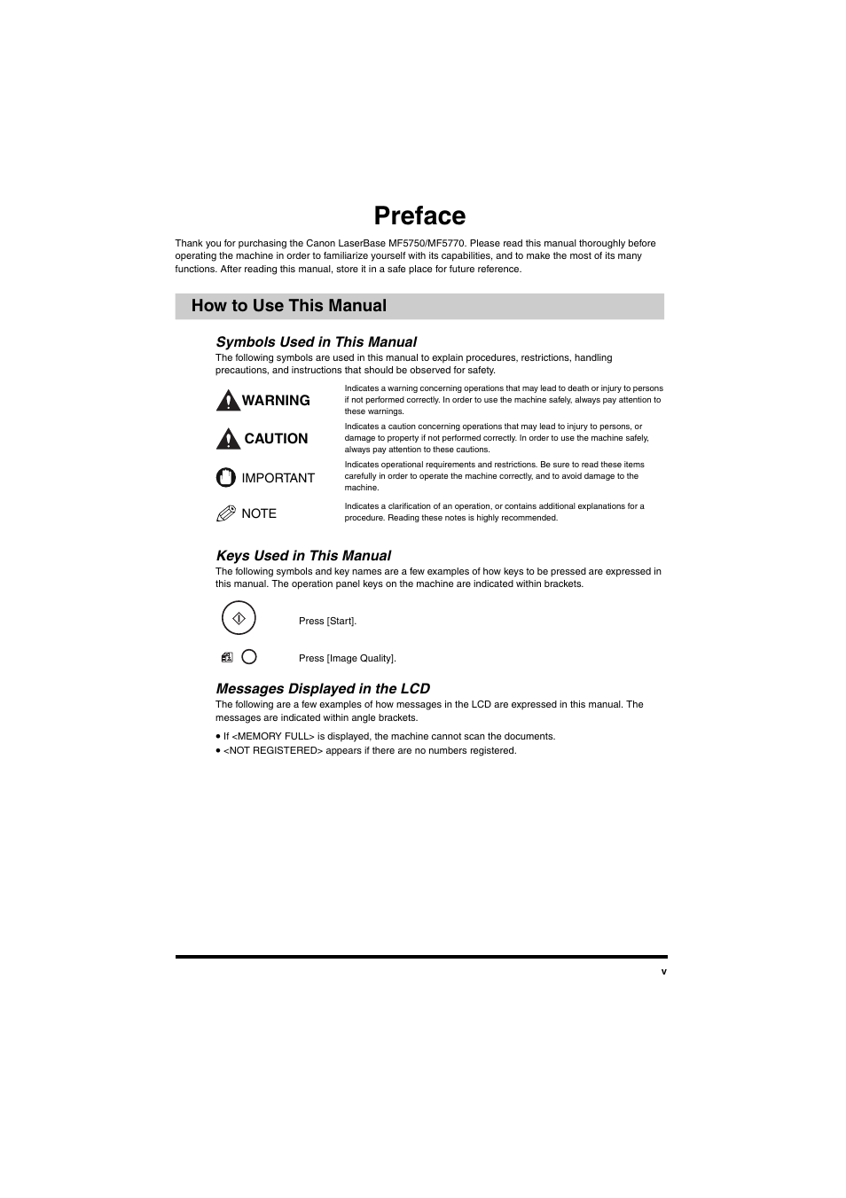 How to use this manual, Symbols used in this manual, Keys used in this manual | Messages displayed in the lcd, Preface | Canon MF5770 User Manual | Page 7 / 68