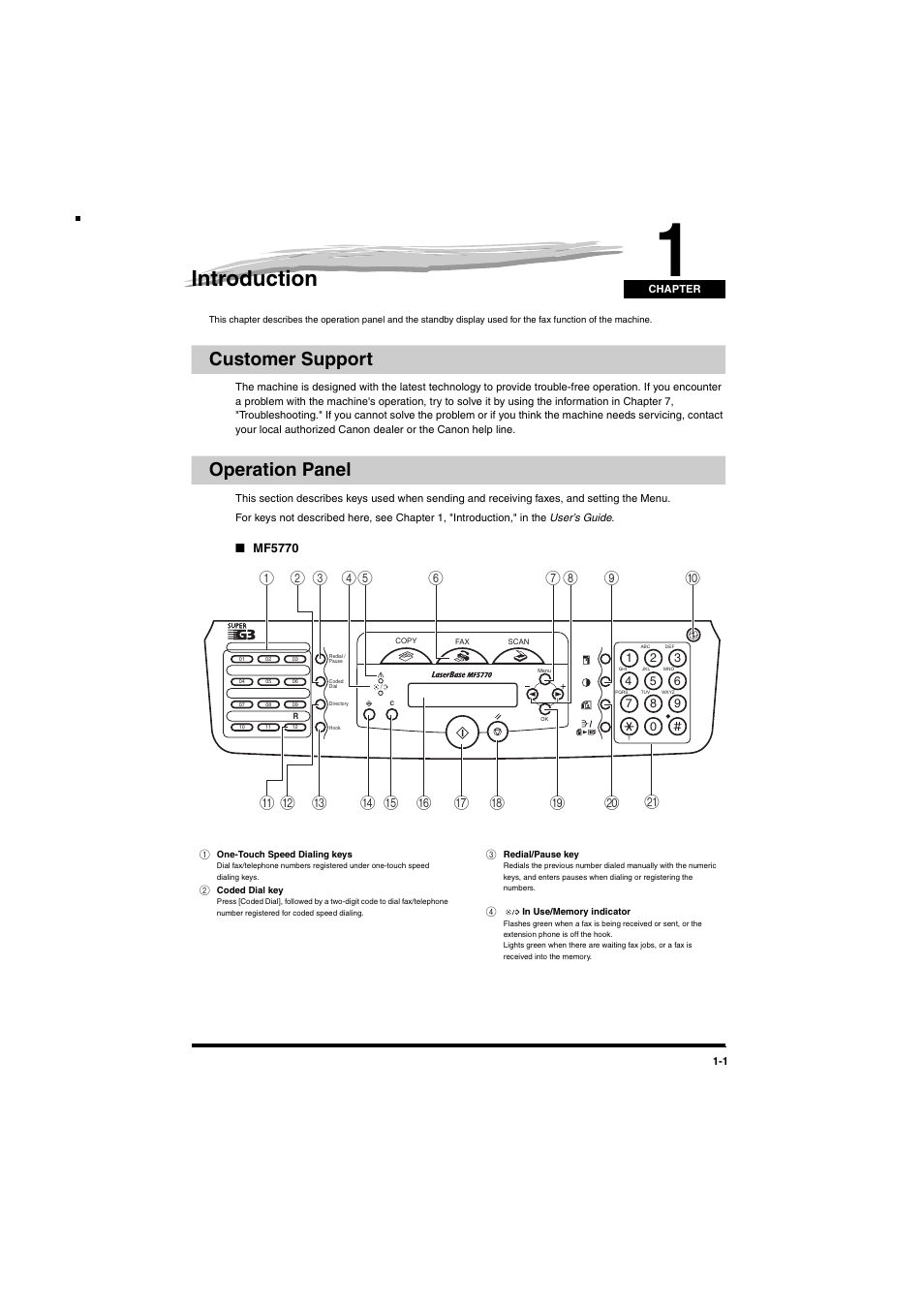 Introduction, Customer support, Operation panel | Chapter 1, Customer support -1 operation panel -1 | Canon MF5770 User Manual | Page 8 / 68