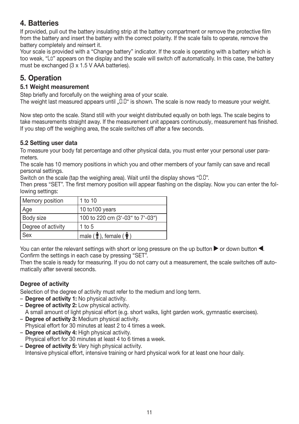 Batteries, Operation | Beurer BF 54 User Manual | Page 11 / 60