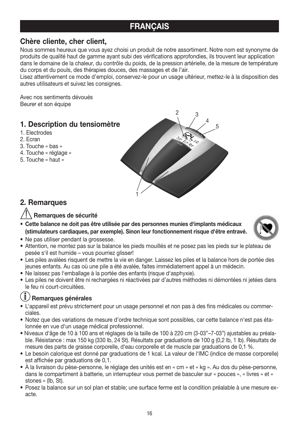 Français, Chère cliente, cher client, Description du tensiomètre | Remarques | Beurer BF 54 User Manual | Page 16 / 60