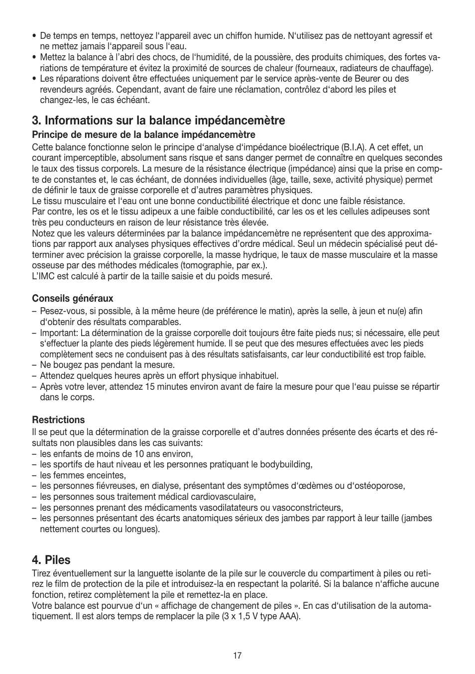 Informations sur la balance impédancemètre, Piles | Beurer BF 54 User Manual | Page 17 / 60