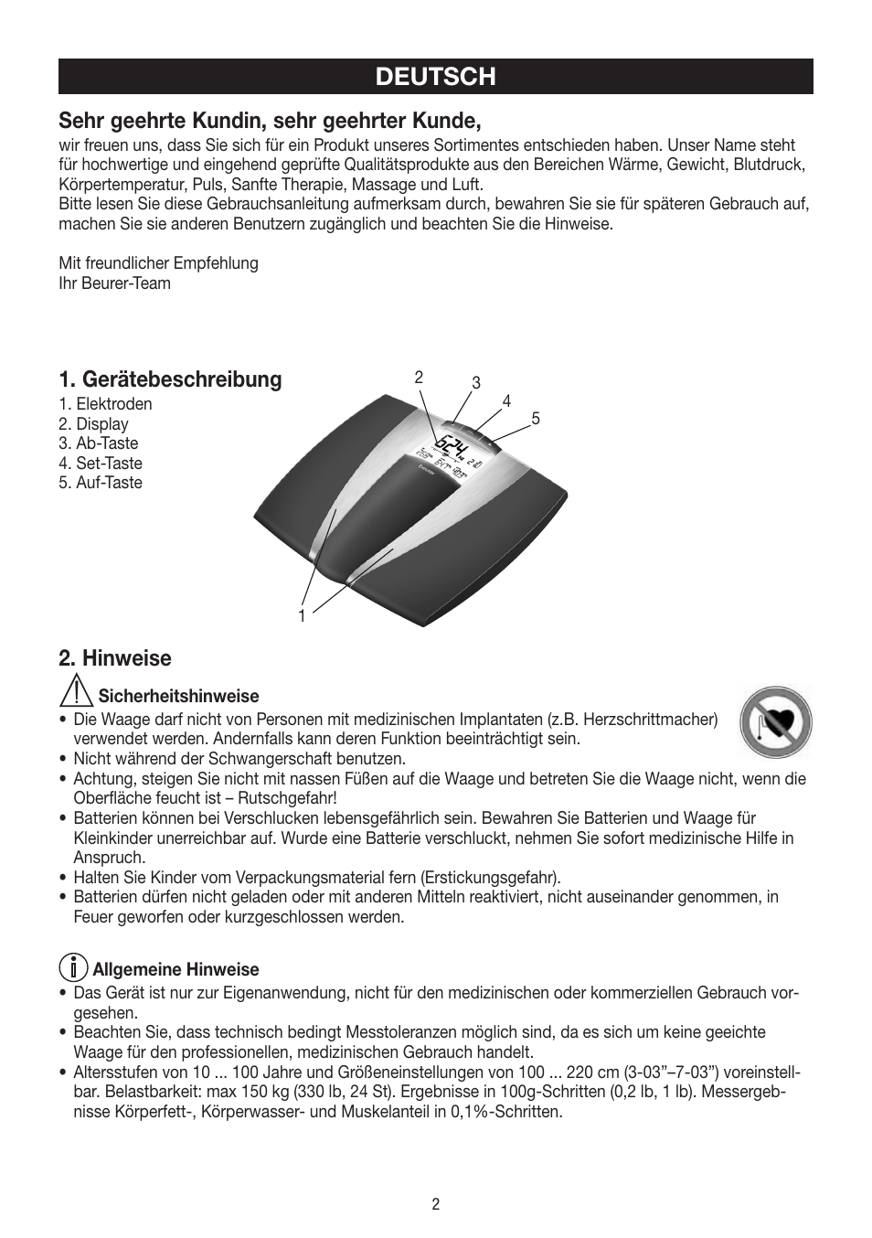 Deutsch, Sehr geehrte kundin, sehr geehrter kunde, Gerätebeschreibung | Hinweise | Beurer BF 54 User Manual | Page 2 / 60