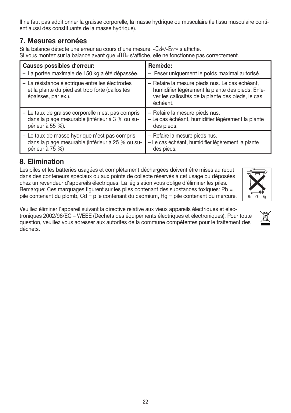 Mesures erronées, Elimination | Beurer BF 54 User Manual | Page 22 / 60