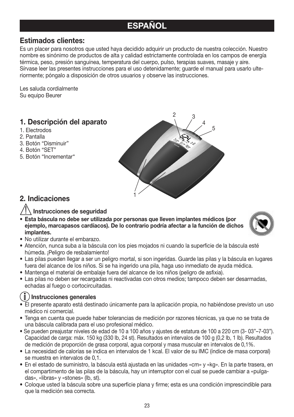 Español, Estimados clientes, Descripción del aparato | Indicaciones | Beurer BF 54 User Manual | Page 23 / 60