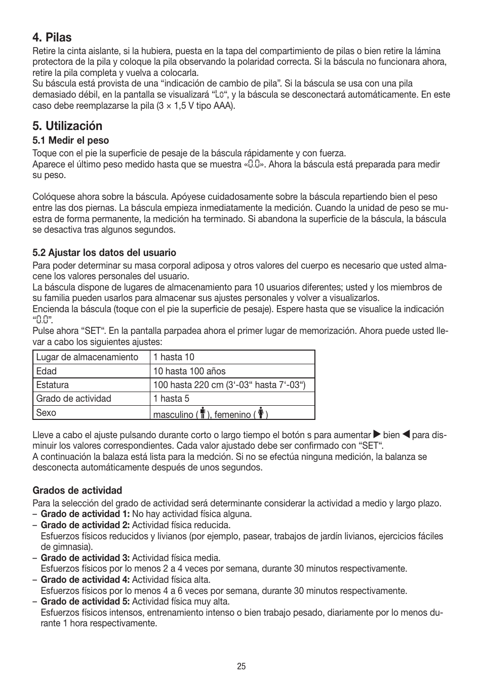 Pilas, Utilización | Beurer BF 54 User Manual | Page 25 / 60
