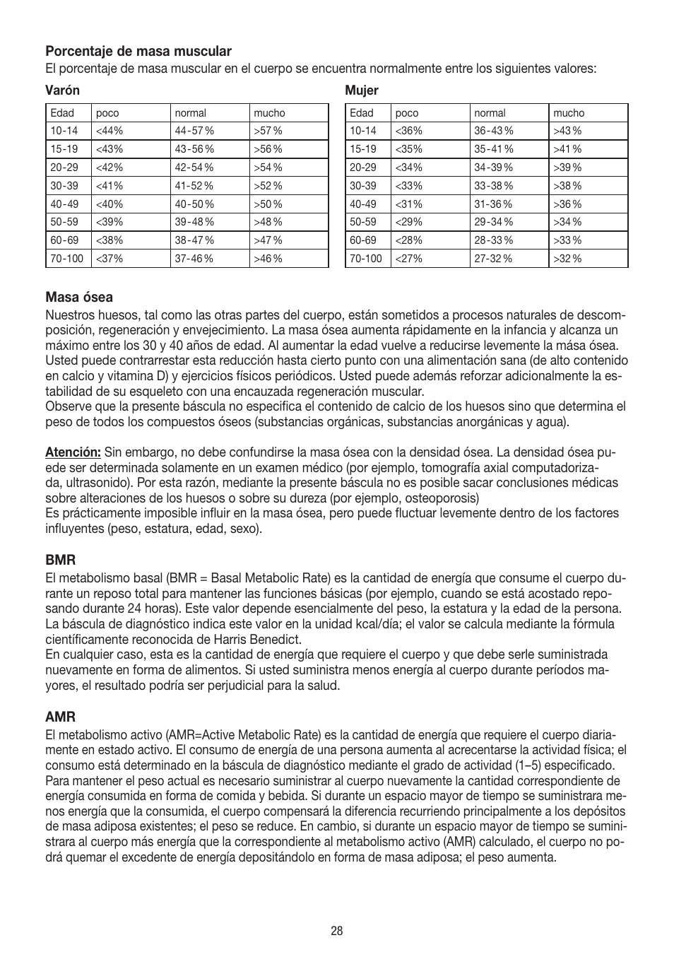 Porcentaje de masa muscular, Masa ósea | Beurer BF 54 User Manual | Page 28 / 60