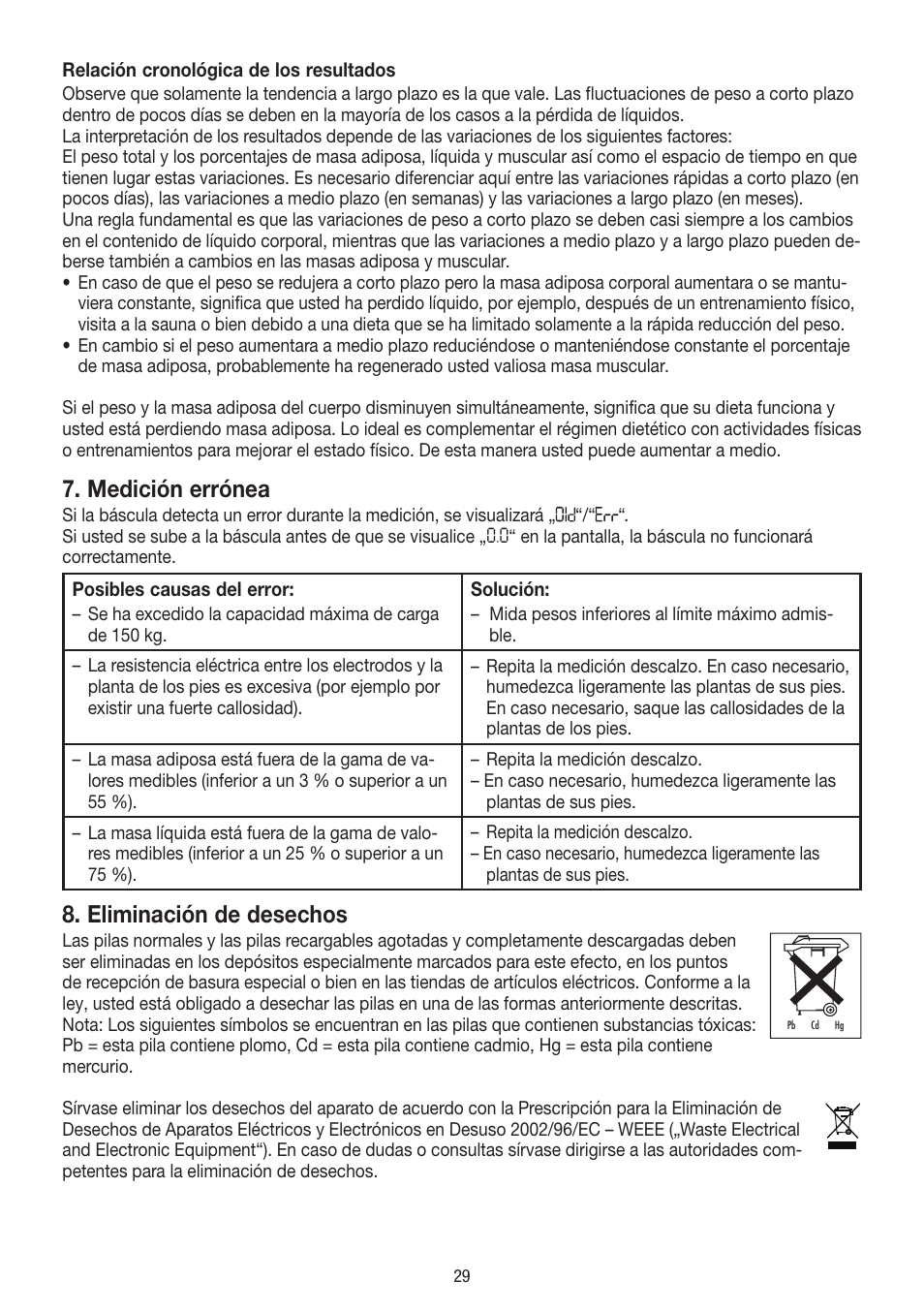 Medición errónea, Eliminación de desechos | Beurer BF 54 User Manual | Page 29 / 60
