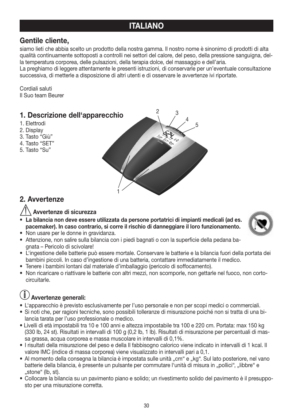 Italiano, Gentile cliente, Descrizione dell‘apparecchio | Avvertenze | Beurer BF 54 User Manual | Page 30 / 60