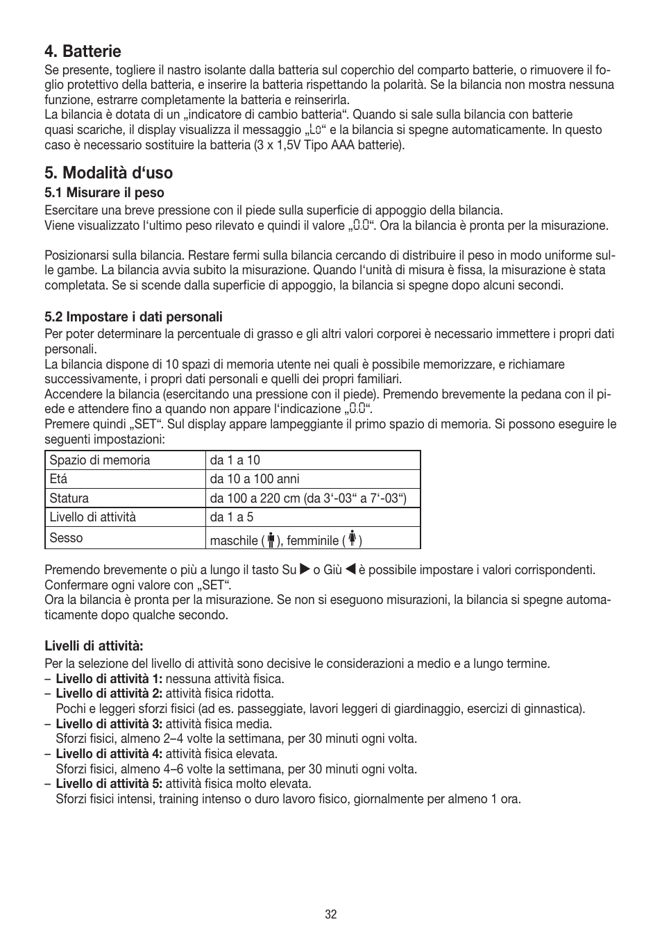 Batterie, Modalità d‘uso | Beurer BF 54 User Manual | Page 32 / 60