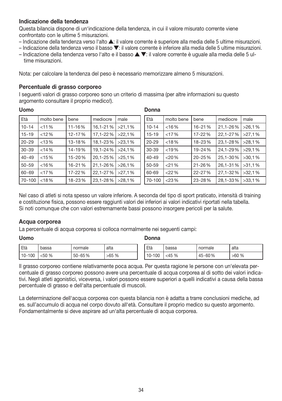 Indicazione della tendenza, Percentuale di grasso corporeo, Acqua corporea | Beurer BF 54 User Manual | Page 34 / 60