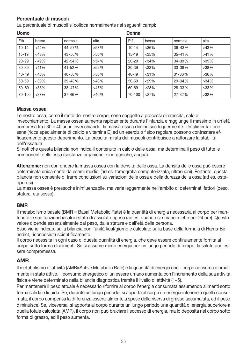 Percentuale di muscoli, Massa ossea | Beurer BF 54 User Manual | Page 35 / 60