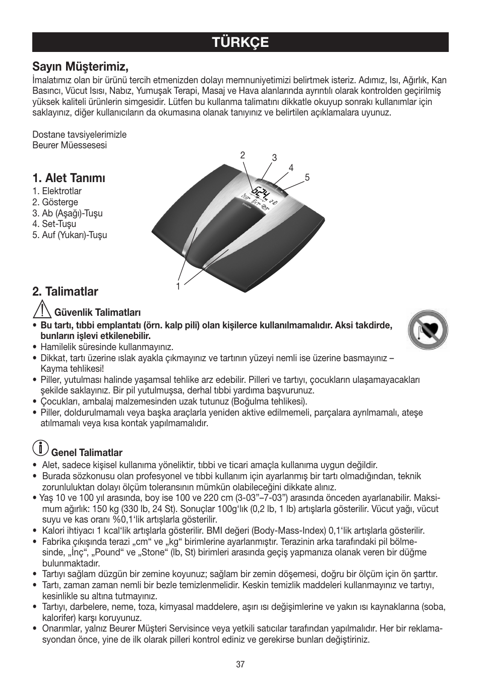 Türkçe, Sayın müşterimiz, Alet tanımı | Talimatlar | Beurer BF 54 User Manual | Page 37 / 60