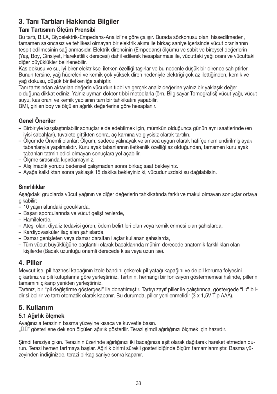 Tanı tartıları hakkında bilgiler, Piller, Kullanım | Beurer BF 54 User Manual | Page 38 / 60