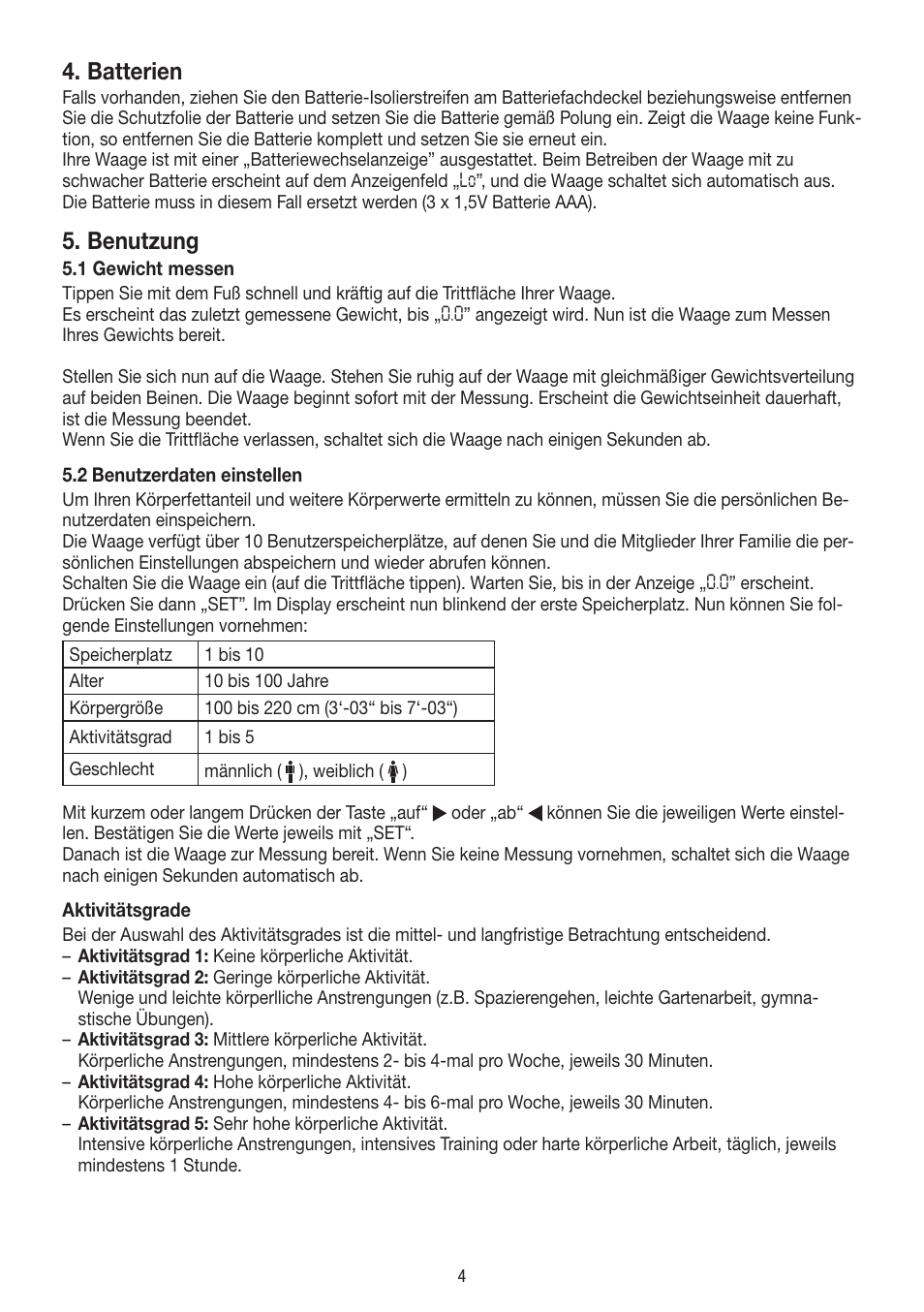 Batterien, Benutzung | Beurer BF 54 User Manual | Page 4 / 60