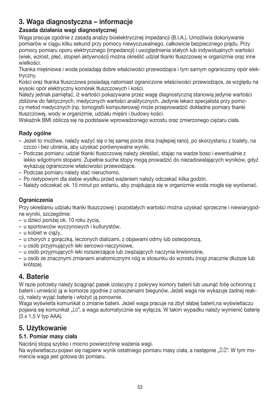 Waga diagnostyczna – informacje, Baterie, Użytkowanie | Beurer BF 54 User Manual | Page 53 / 60