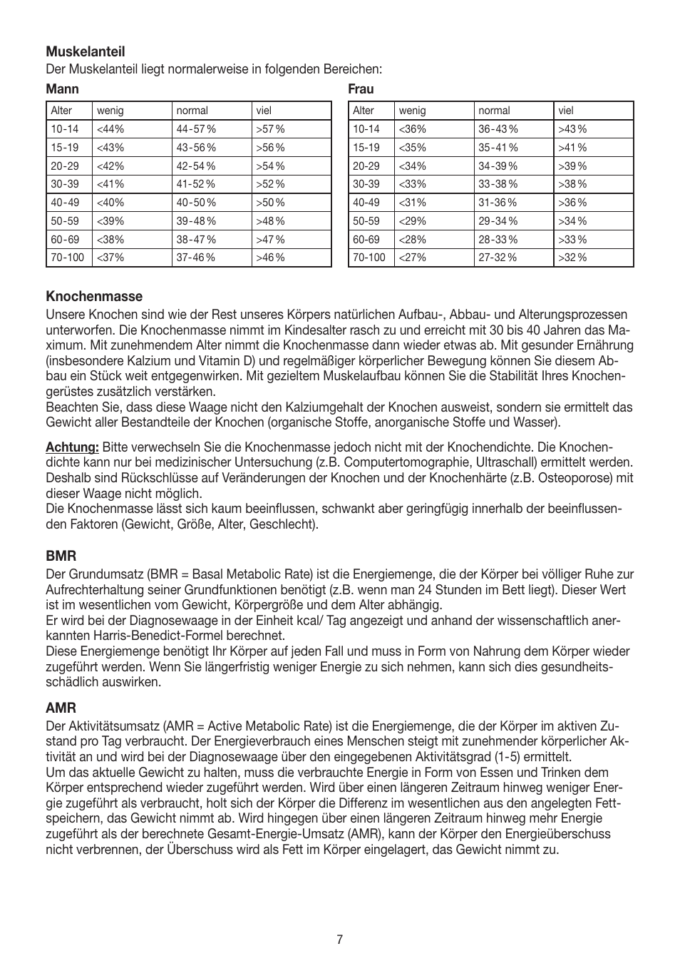 Muskelanteil, Knochenmasse | Beurer BF 54 User Manual | Page 7 / 60