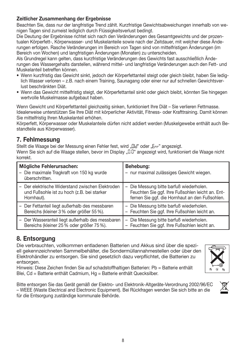 Fehlmessung, Entsorgung | Beurer BF 54 User Manual | Page 8 / 60