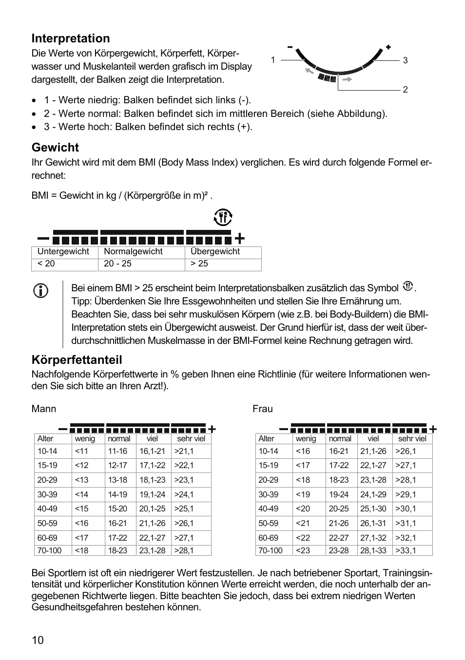 Interpretation, Gewicht, Körperfettanteil | Beurer BF 66 User Manual | Page 10 / 108