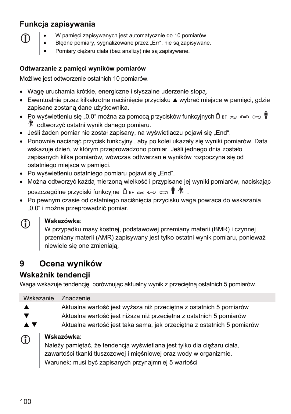 9 ocena wyników, Funkcja zapisywania, Wskaźnik tendencji | Beurer BF 66 User Manual | Page 100 / 108