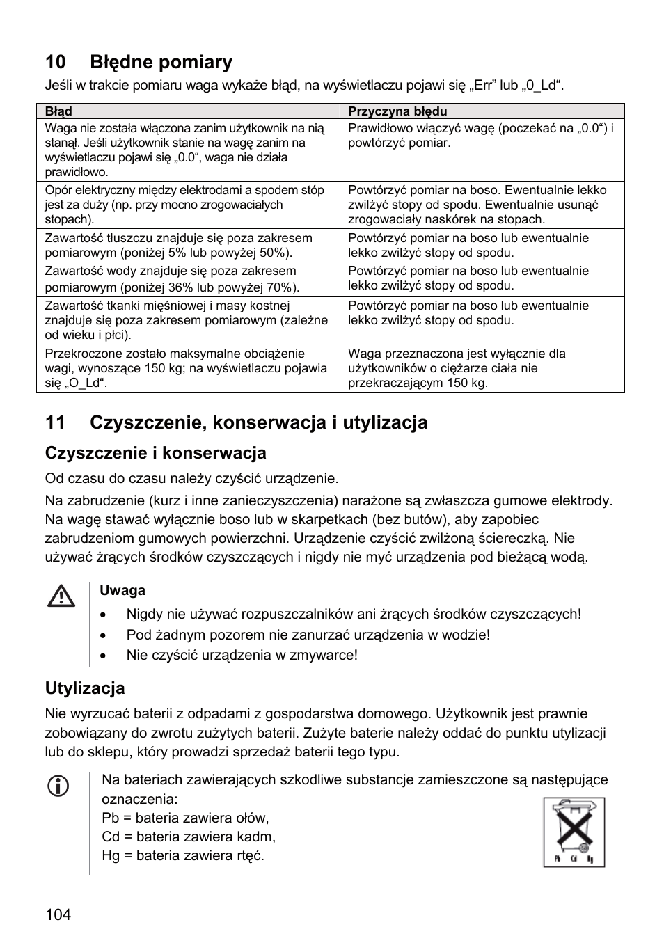 10 błędne pomiary, 11 czyszczenie, konserwacja i utylizacja, Czyszczenie i konserwacja | Utylizacja | Beurer BF 66 User Manual | Page 104 / 108