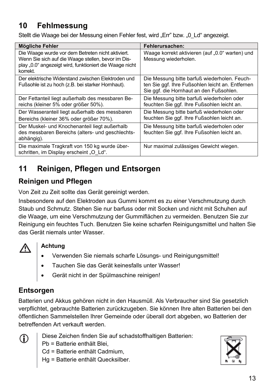 10 fehlmessung, 11 reinigen, pflegen und entsorgen, Reinigen und pflegen | Entsorgen | Beurer BF 66 User Manual | Page 13 / 108