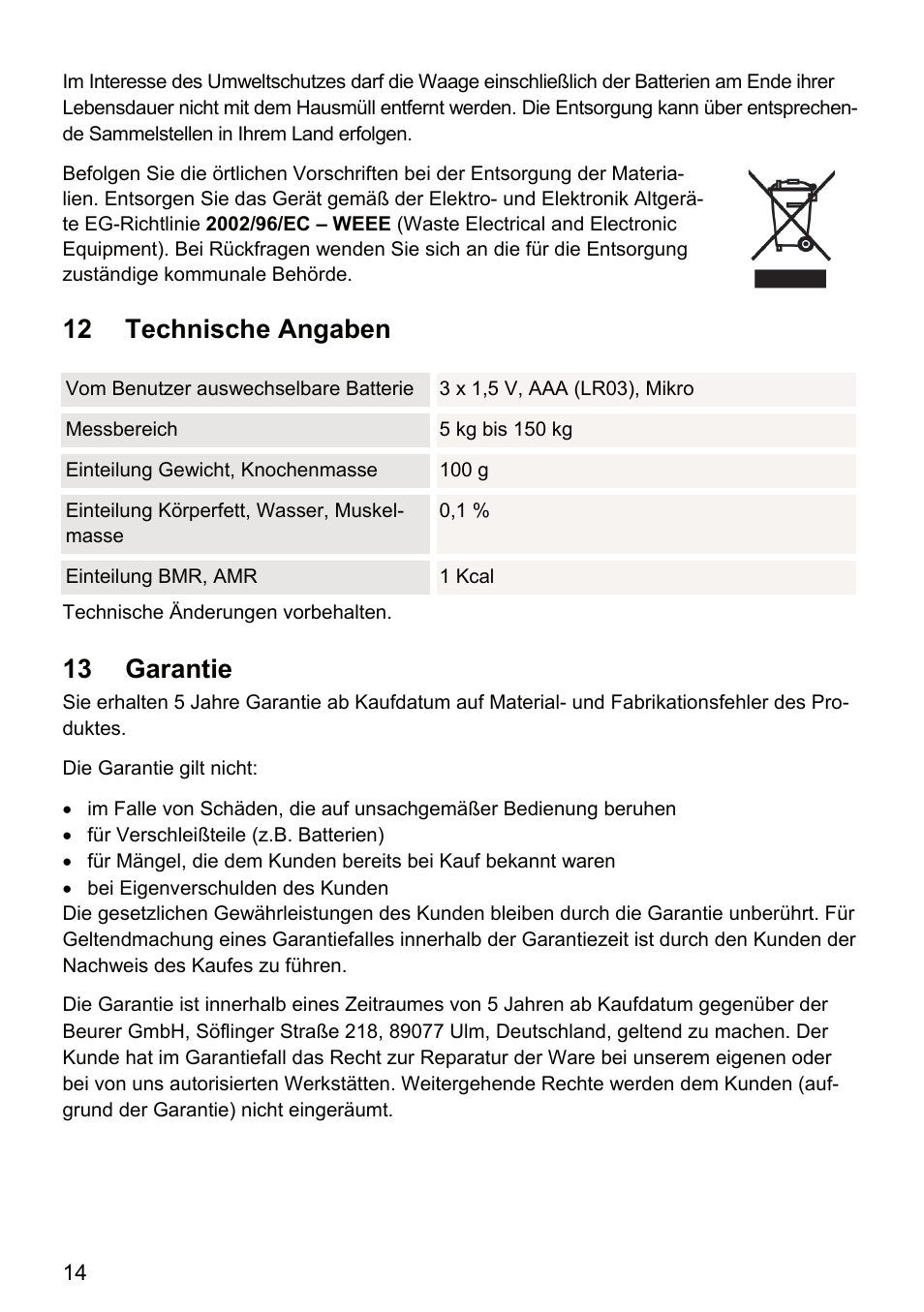 12 technische angaben, 13 garantie | Beurer BF 66 User Manual | Page 14 / 108