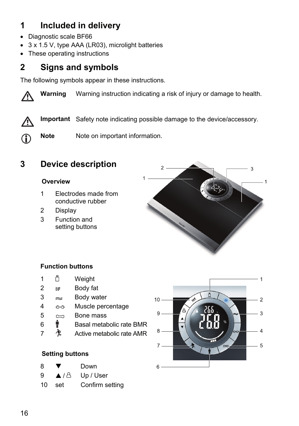 1included in delivery, 2signs and symbols, 3 device description | Beurer BF 66 User Manual | Page 16 / 108
