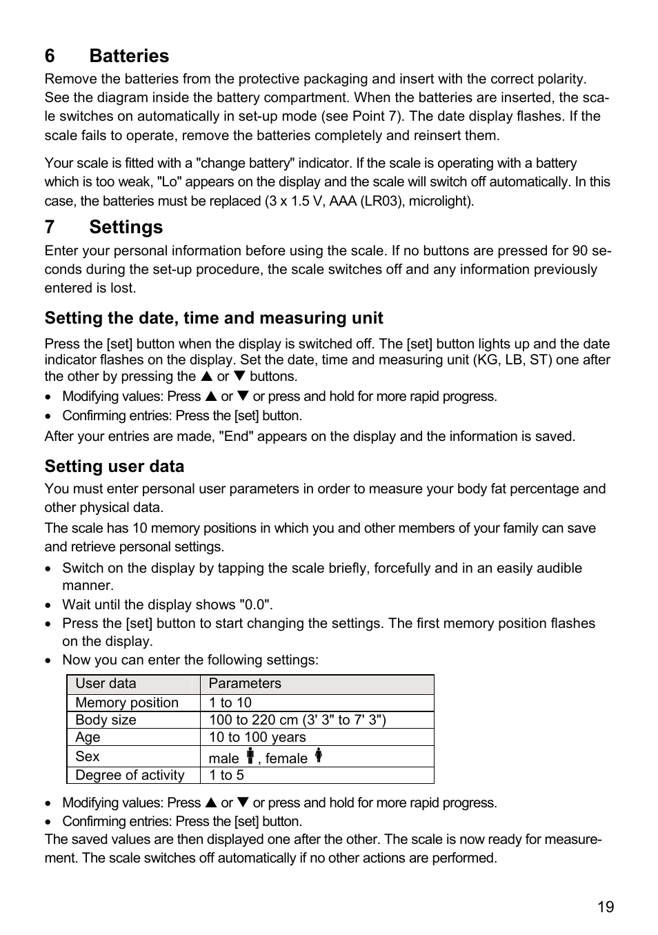 6 batteries, 7 settings | Beurer BF 66 User Manual | Page 19 / 108
