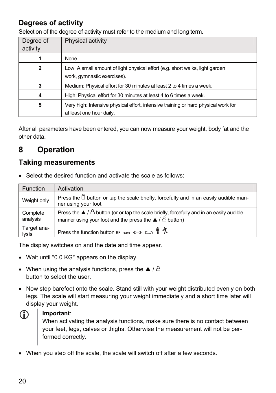 8 operation, Degrees of activity, Taking measurements | Beurer BF 66 User Manual | Page 20 / 108