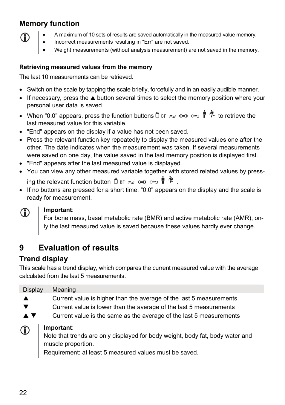 9evaluation of results, Trend display | Beurer BF 66 User Manual | Page 22 / 108