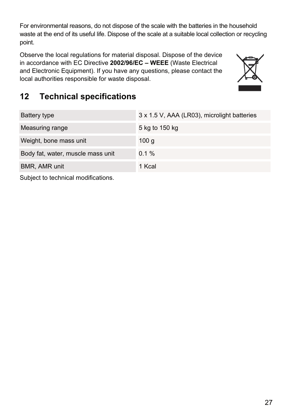 12 technical specifications | Beurer BF 66 User Manual | Page 27 / 108