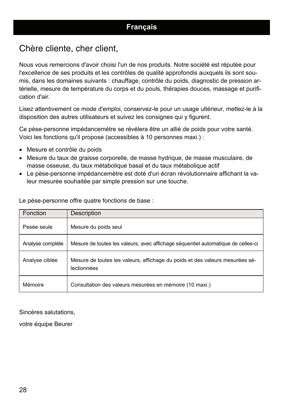 Chère cliente, cher client, Français | Beurer BF 66 User Manual | Page 28 / 108