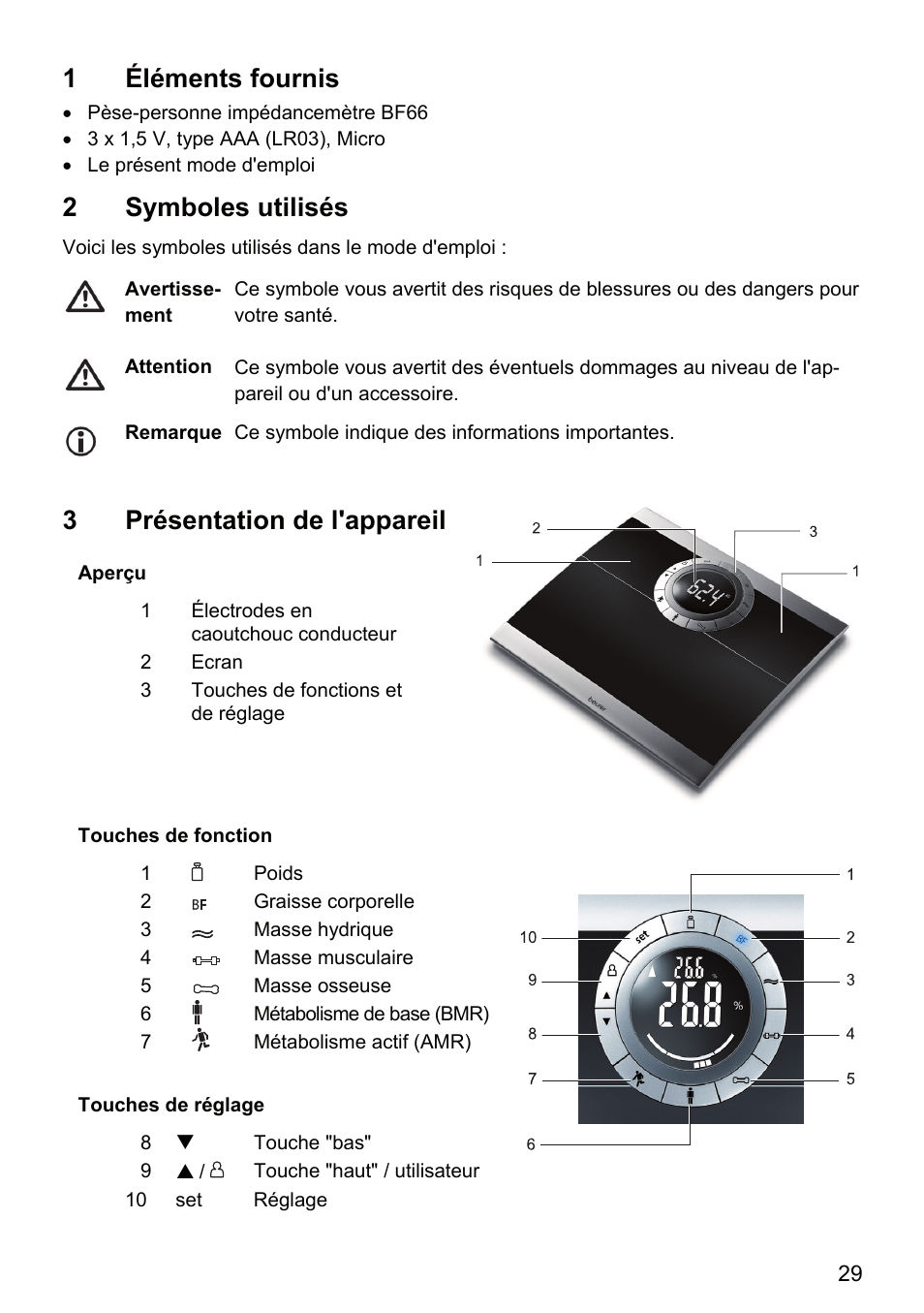 1 éléments fournis, 2 symboles utilisés, 3présentation de l'appareil | Beurer BF 66 User Manual | Page 29 / 108