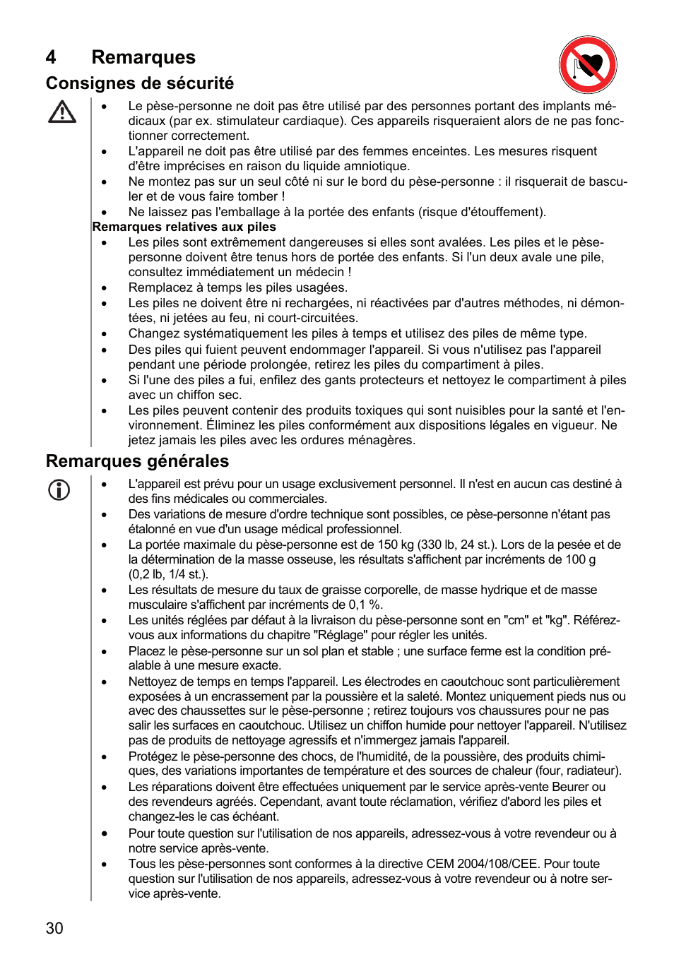 4 remarques, Consignes de sécurité, Remarques générales | Beurer BF 66 User Manual | Page 30 / 108